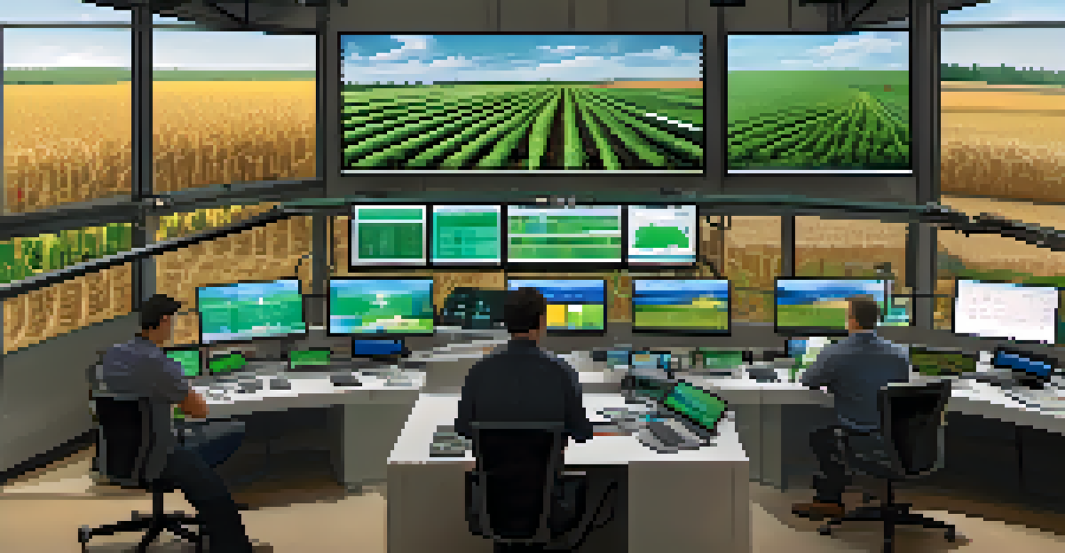 A farmer in a high-tech control center analyzing screens displaying real-time agricultural data for smart farming.