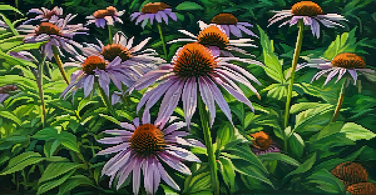 A close-up view of purple Echinacea flowers blooming in a garden with green leaves and sunlight filtering through.