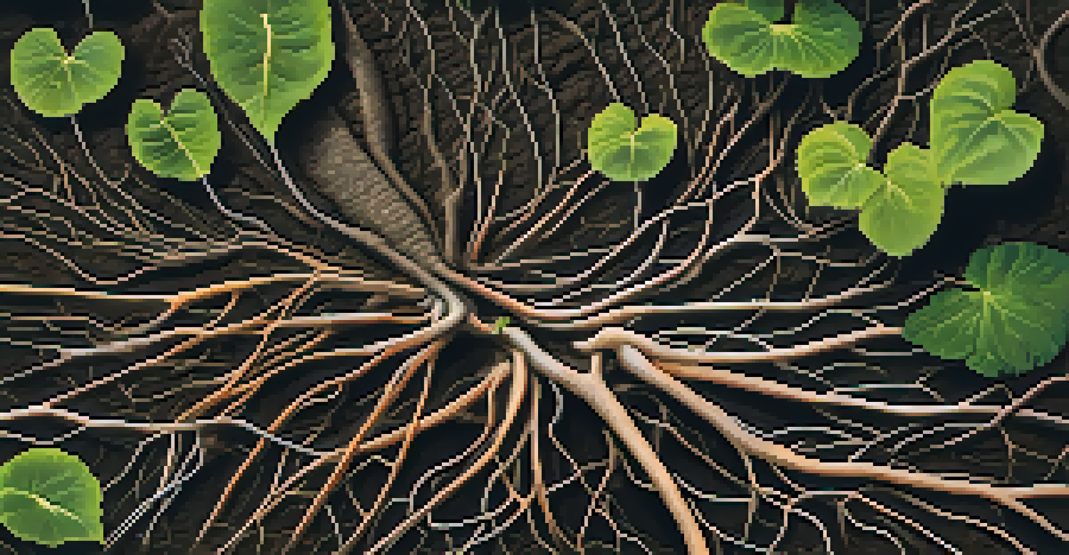 A detailed close-up of a plant's root system in dark soil, highlighting the network of roots and surrounding microorganisms.
