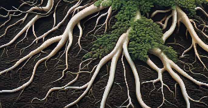 A close-up view of healthy plant roots surrounded by mycorrhizal fungi in dark soil, showing the connection between them.