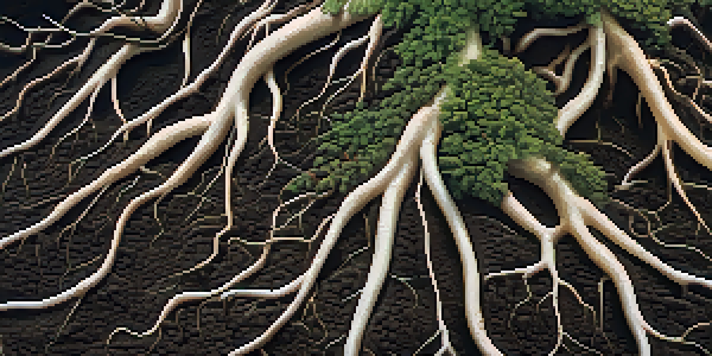 A close-up view of healthy plant roots surrounded by mycorrhizal fungi in dark soil, showing the connection between them.