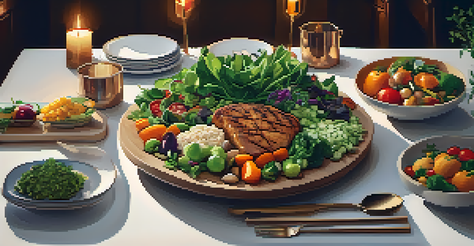 A dining table set with an array of colorful plant-based dishes, surrounded by warm candlelight, inviting for a meal.