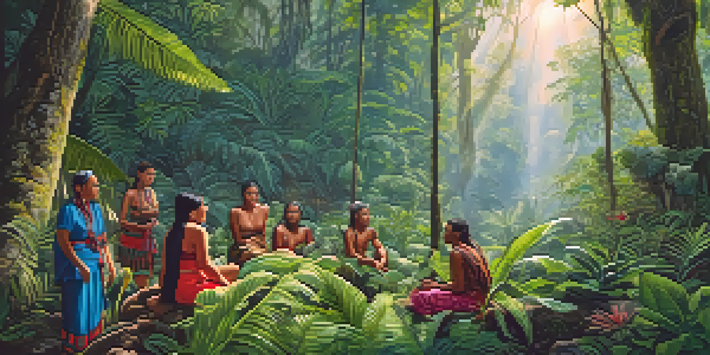 A colorful rainforest with diverse plants, sunlight filtering through leaves, and indigenous people gathering herbs.