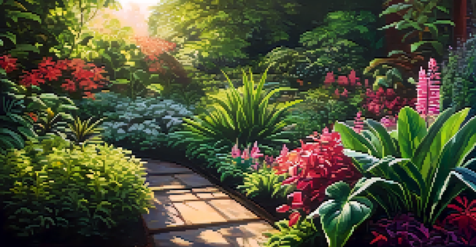 A close-up view of a lush garden with various plants and a pH testing kit beside a vibrant flower, illuminated by sunlight.