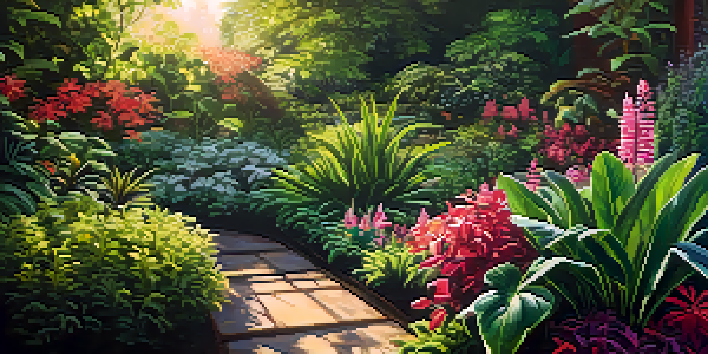 A close-up view of a lush garden with various plants and a pH testing kit beside a vibrant flower, illuminated by sunlight.