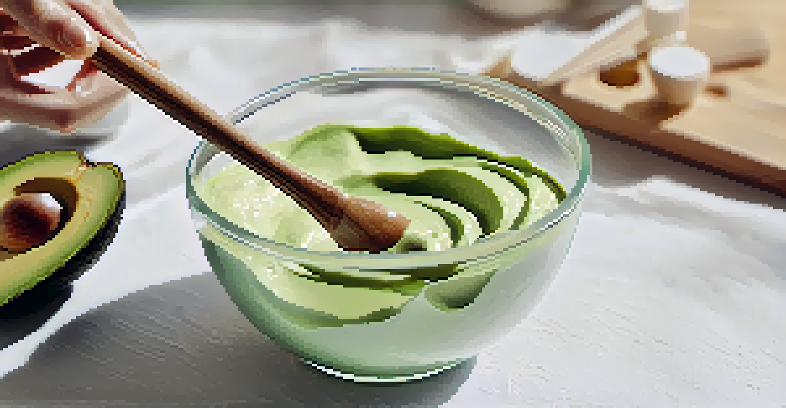 Close-up of hands mixing a green avocado and honey face mask in a glass bowl, with a wooden spoon next to it.