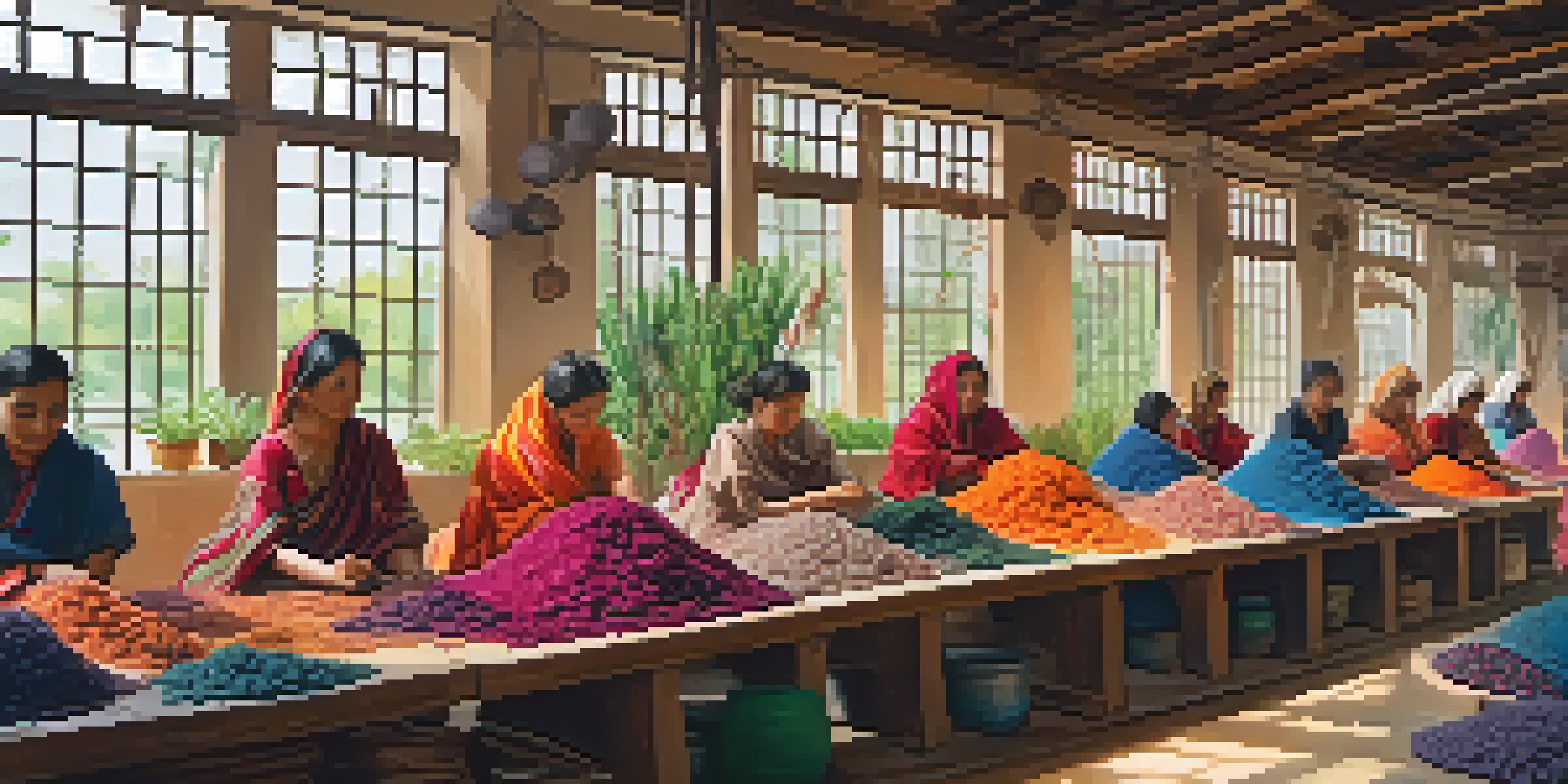A textile workshop where artisans are dyeing fabrics with natural plant-based dyes, surrounded by colorful fabrics and pots of dye.