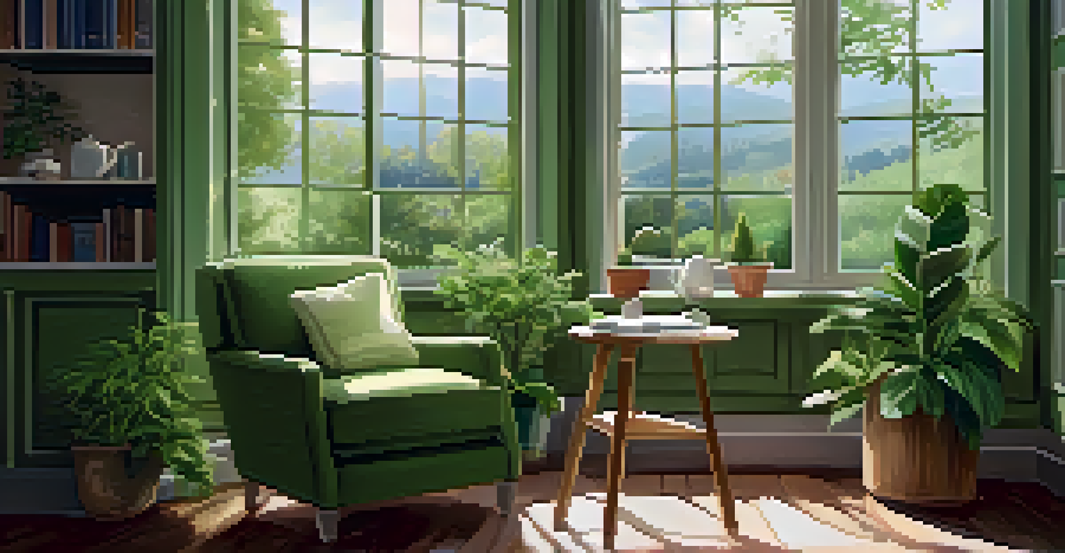 A cozy reading nook with plants, an armchair, and a cup of tea by a window overlooking a garden.