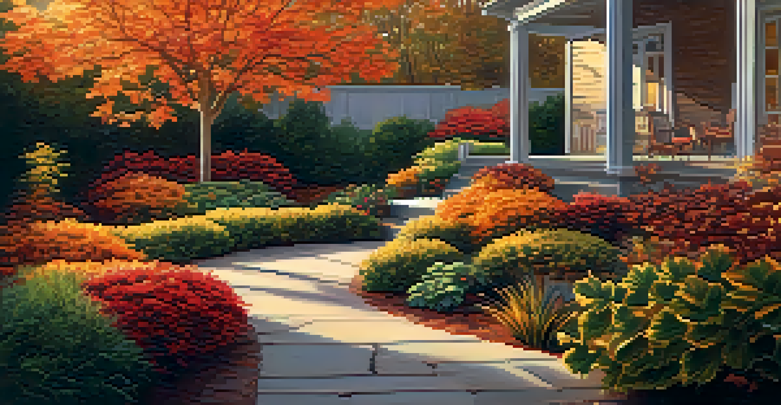 An outdoor garden in autumn with colorful leaves and a sunset in the background.