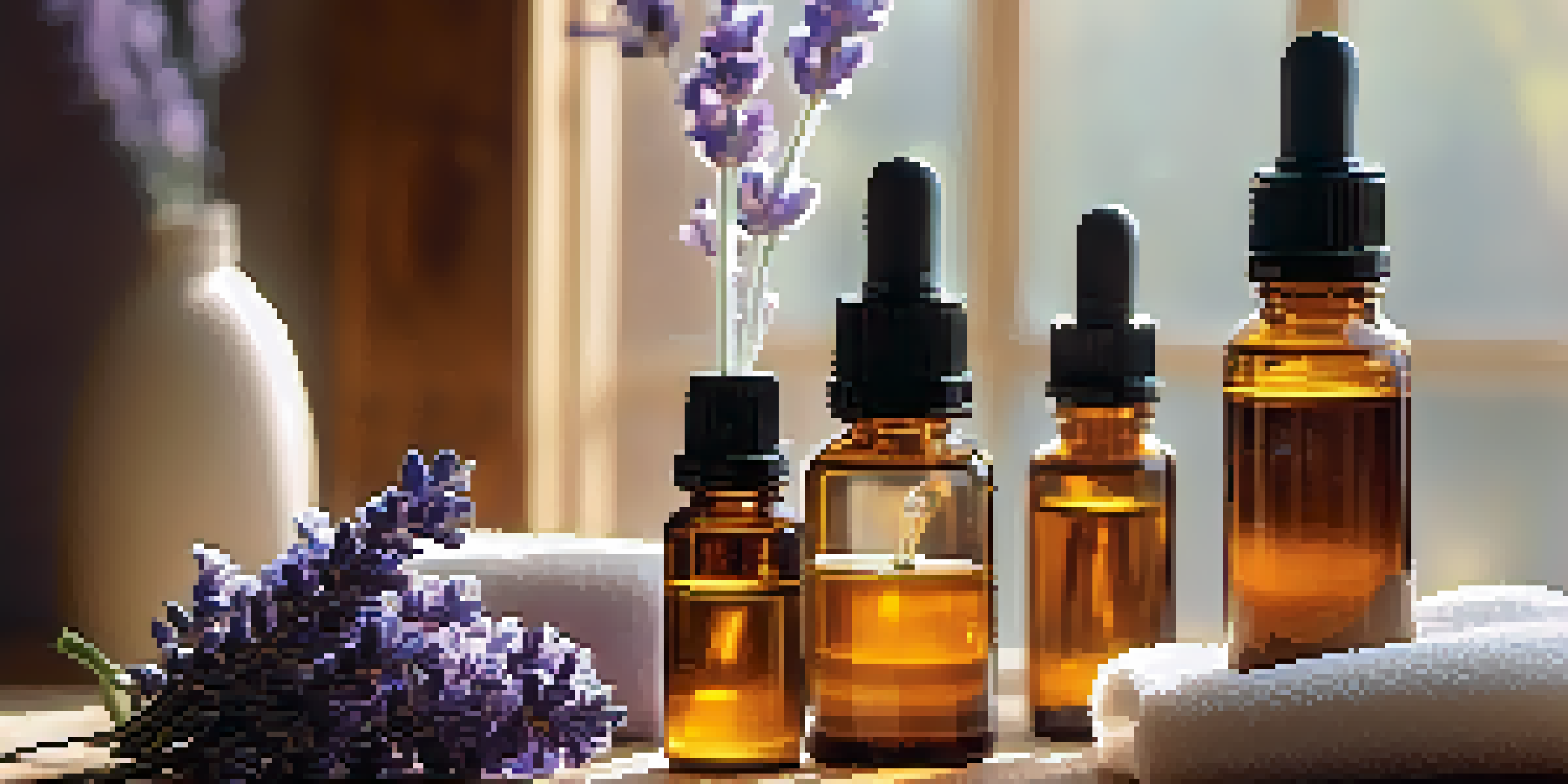 A tranquil home spa with essential oils, a diffuser, and lavender flowers in warm light.