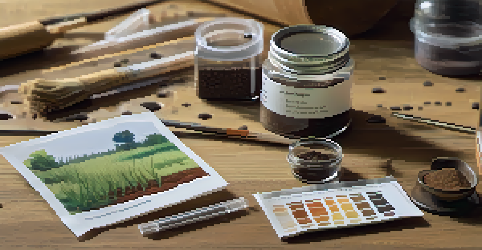 A close-up of a soil test kit with various soil samples and testing materials on a wooden table.