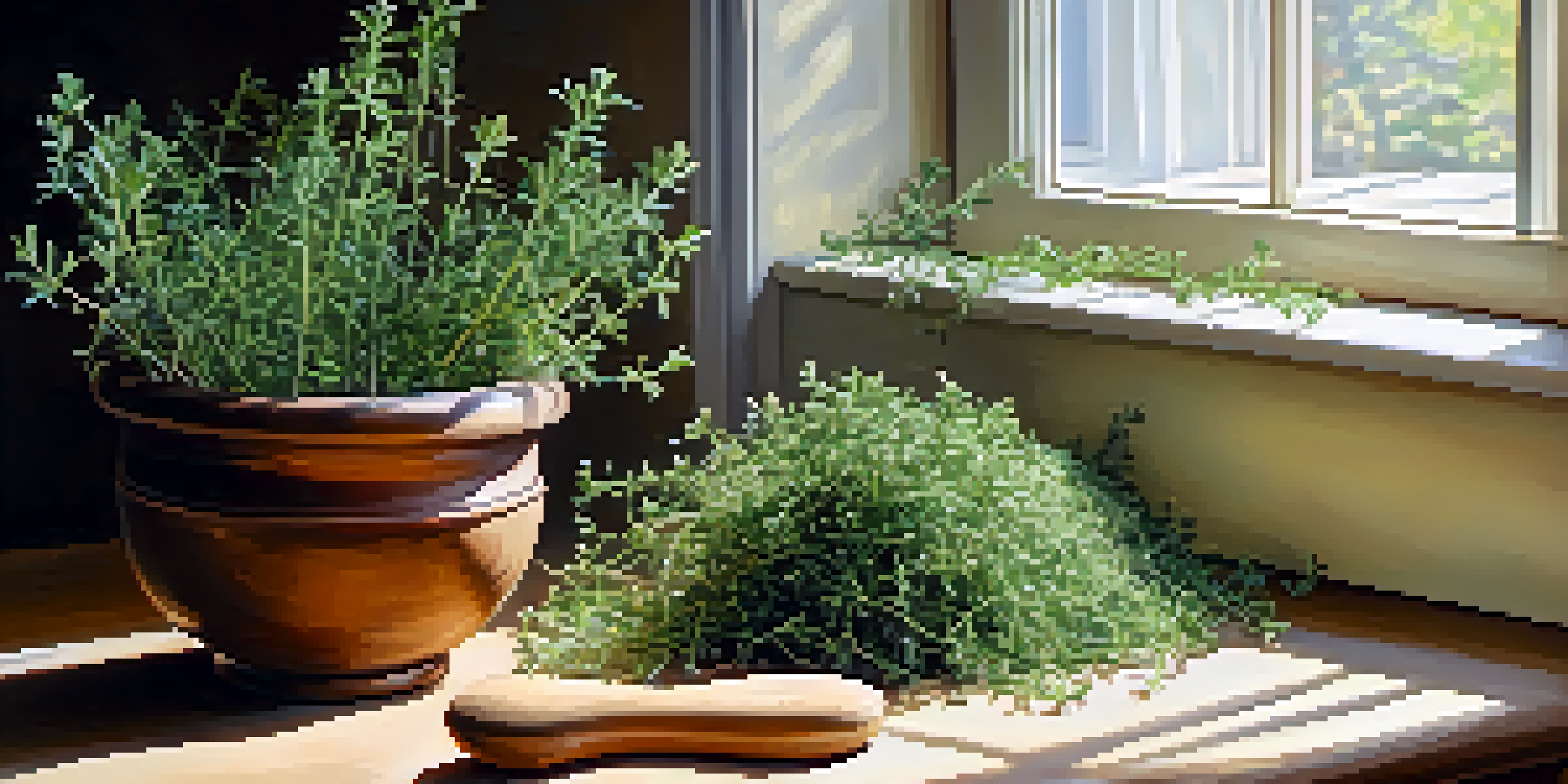 A rustic kitchen countertop featuring fresh thyme, a wooden cutting board, and a mortar and pestle, with natural light illuminating the scene.