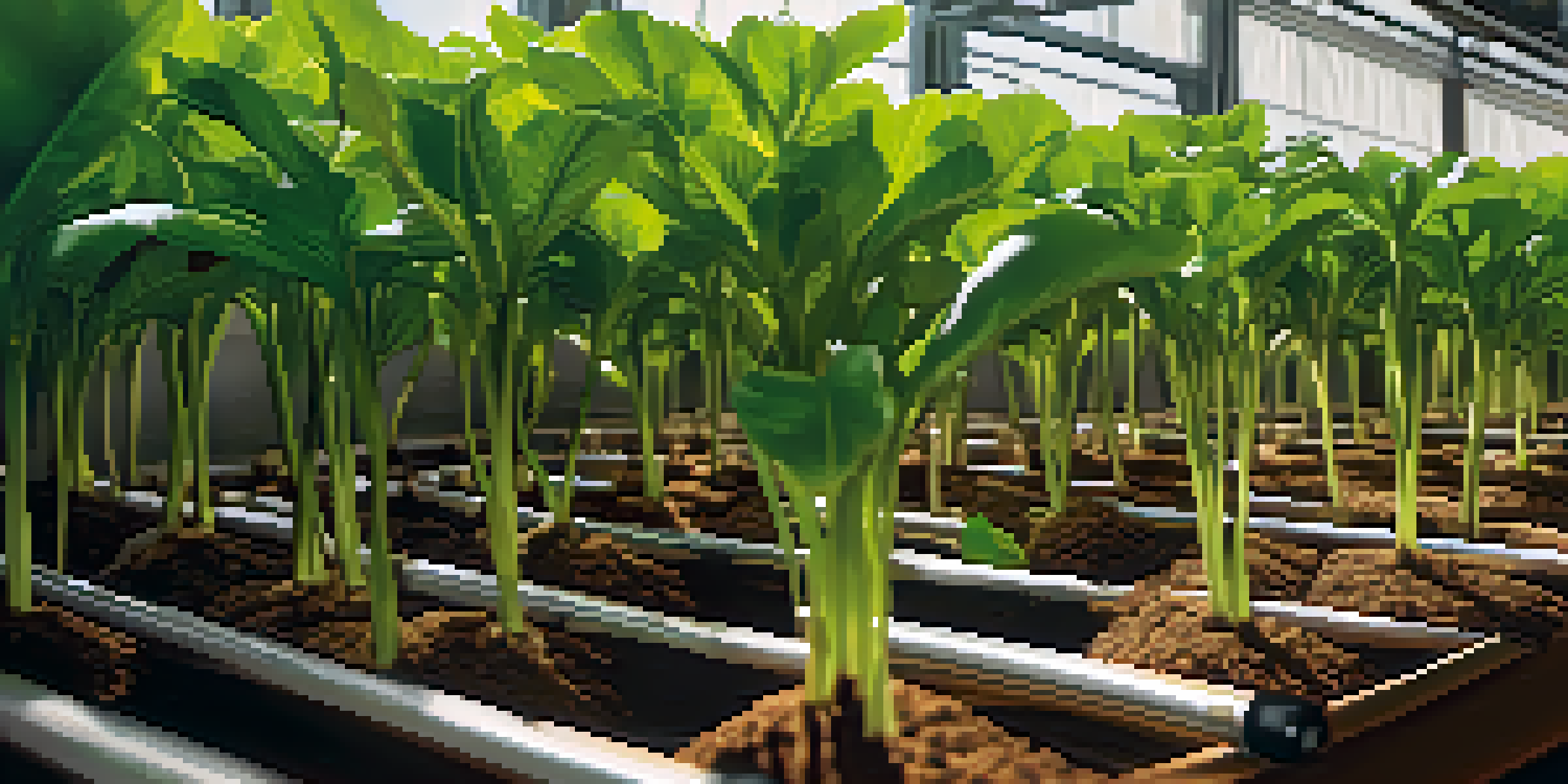 A close-up of green hydroponic plants growing in coco coir, with sunlight filtering through the leaves and casting shadows.