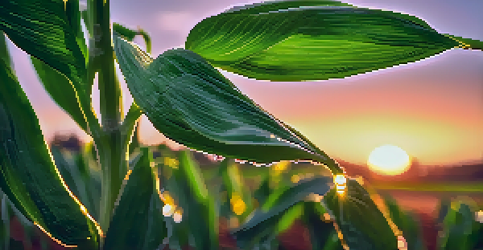 A close-up view of a genetically modified maize plant in a field during sunset, with dew on its leaves.