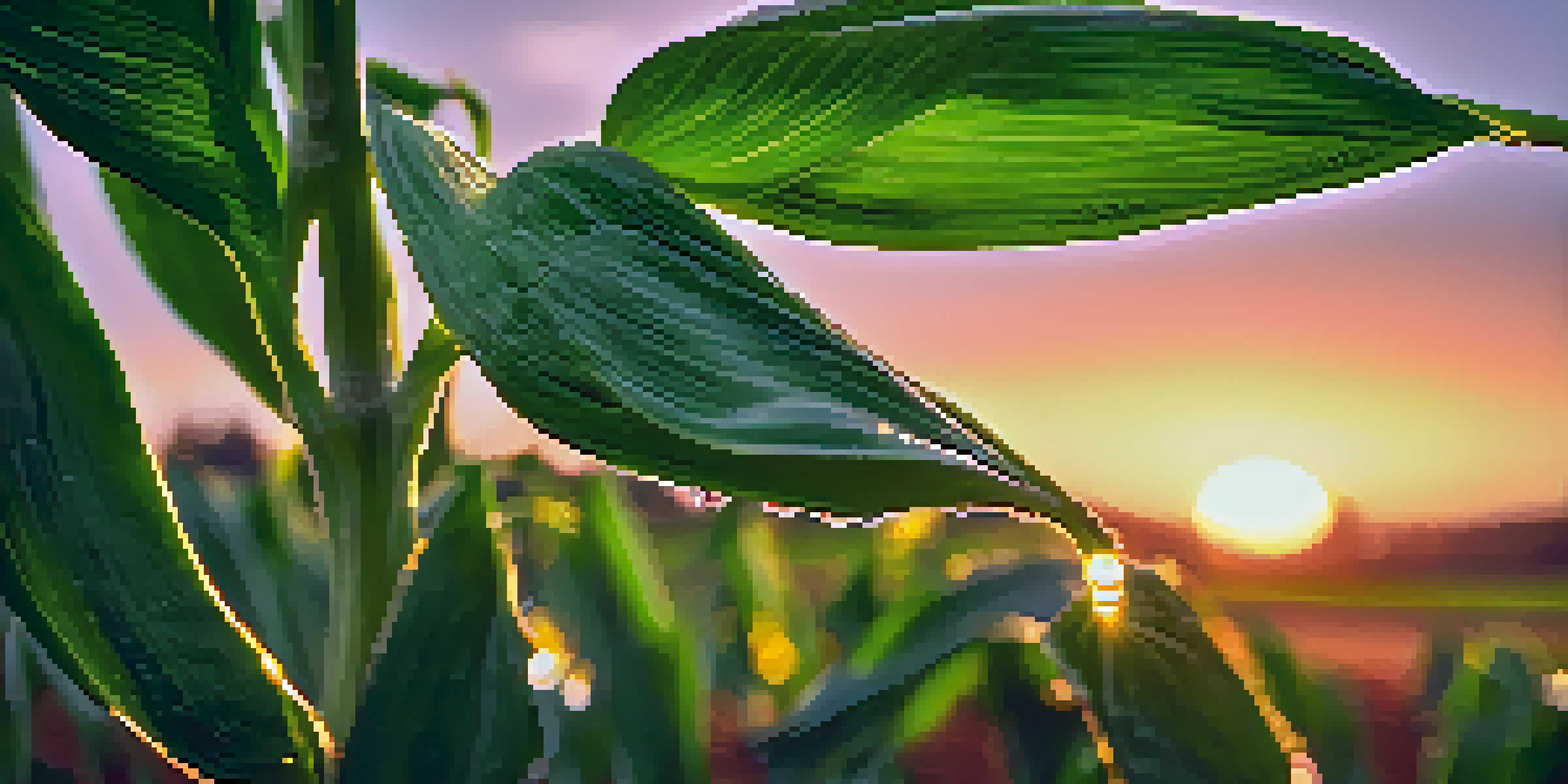 A close-up view of a genetically modified maize plant in a field during sunset, with dew on its leaves.