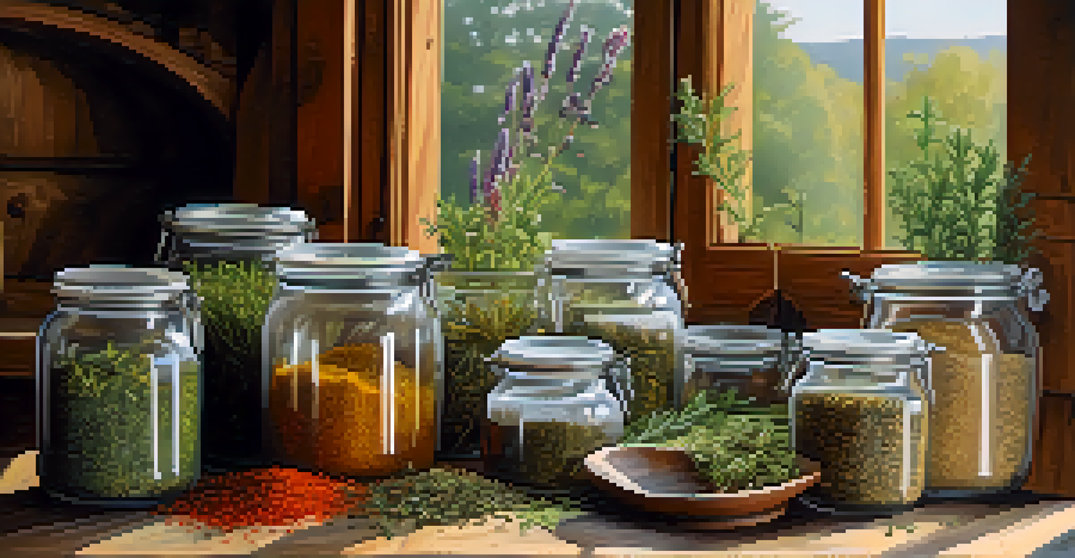 A rustic kitchen countertop with glass jars of dried herbs, a mortar and pestle, illuminated by natural light.