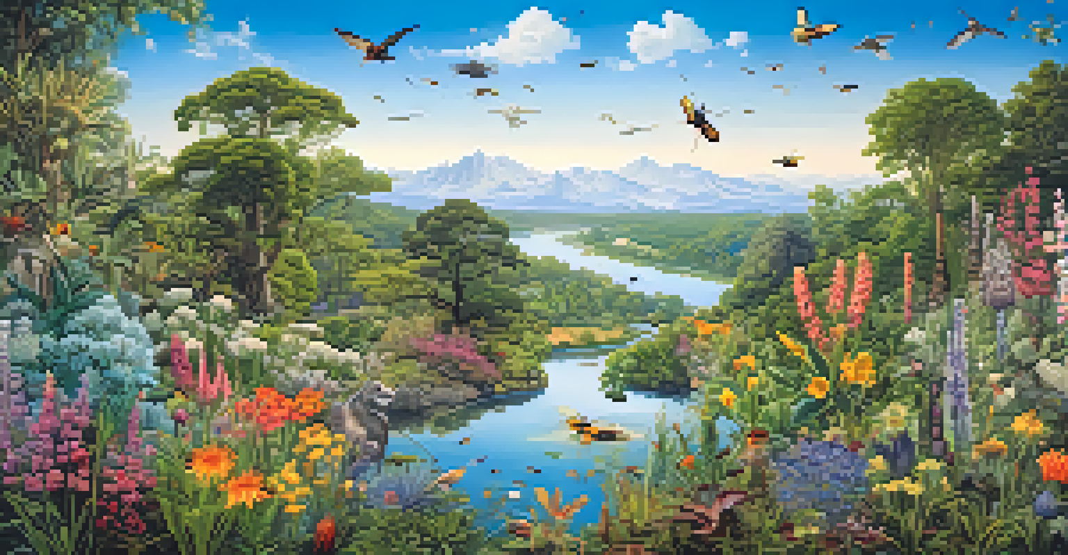 A panoramic view of a diverse ecosystem with blooming flowers and various pollinators.