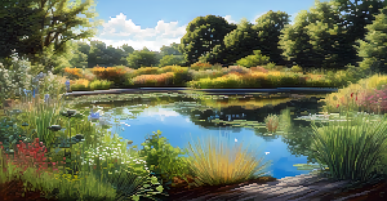 A tranquil pond in a permaculture setting, surrounded by colorful native plants and reflecting the sky, with dragonflies nearby.