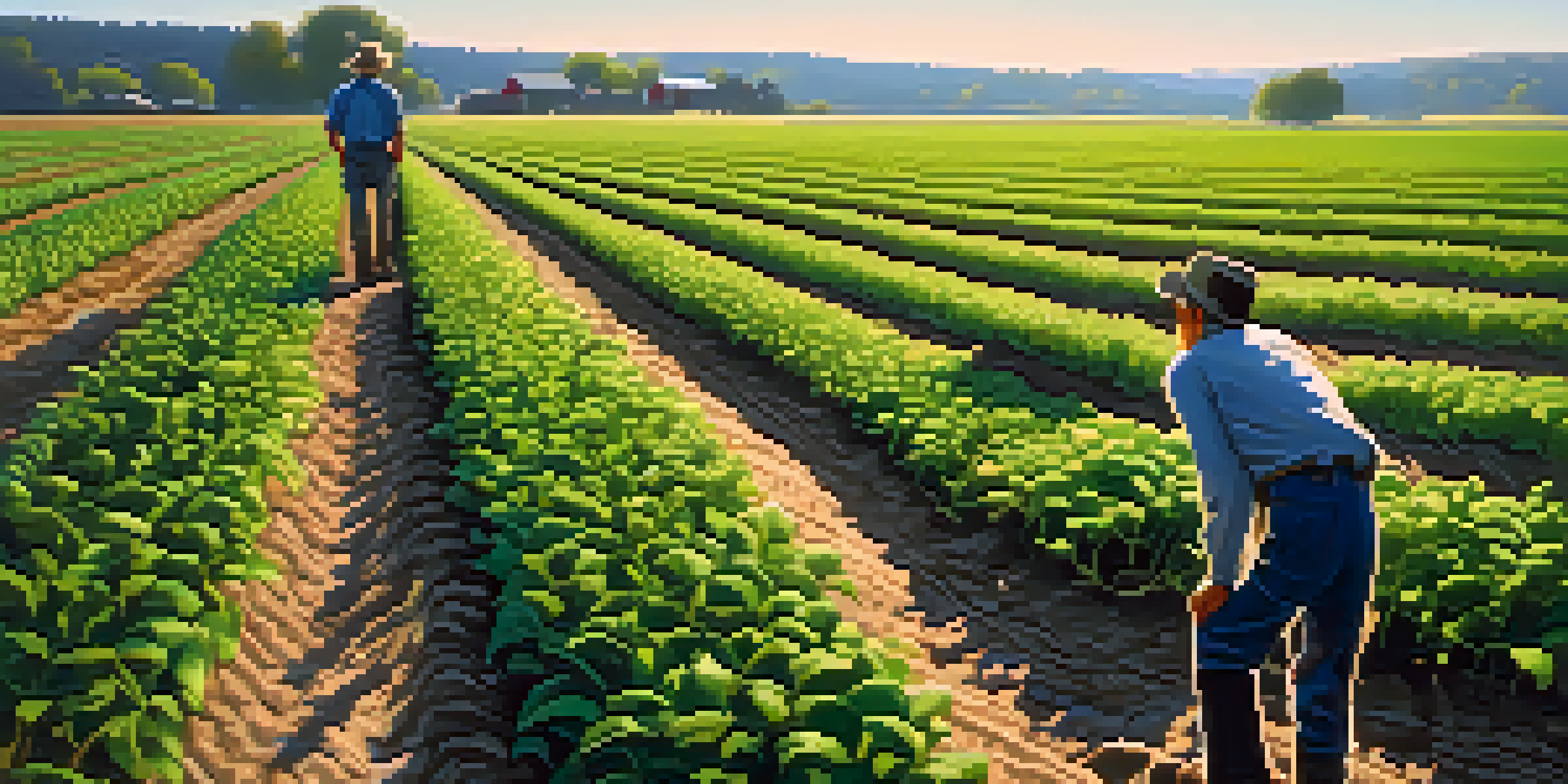 A farmer examining healthy soil with green cover crops in a sunny farm setting.