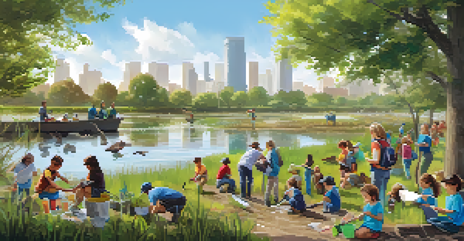 Families participating in a cleanup event at an urban wetland, surrounded by banners and wildlife, learning about conservation.