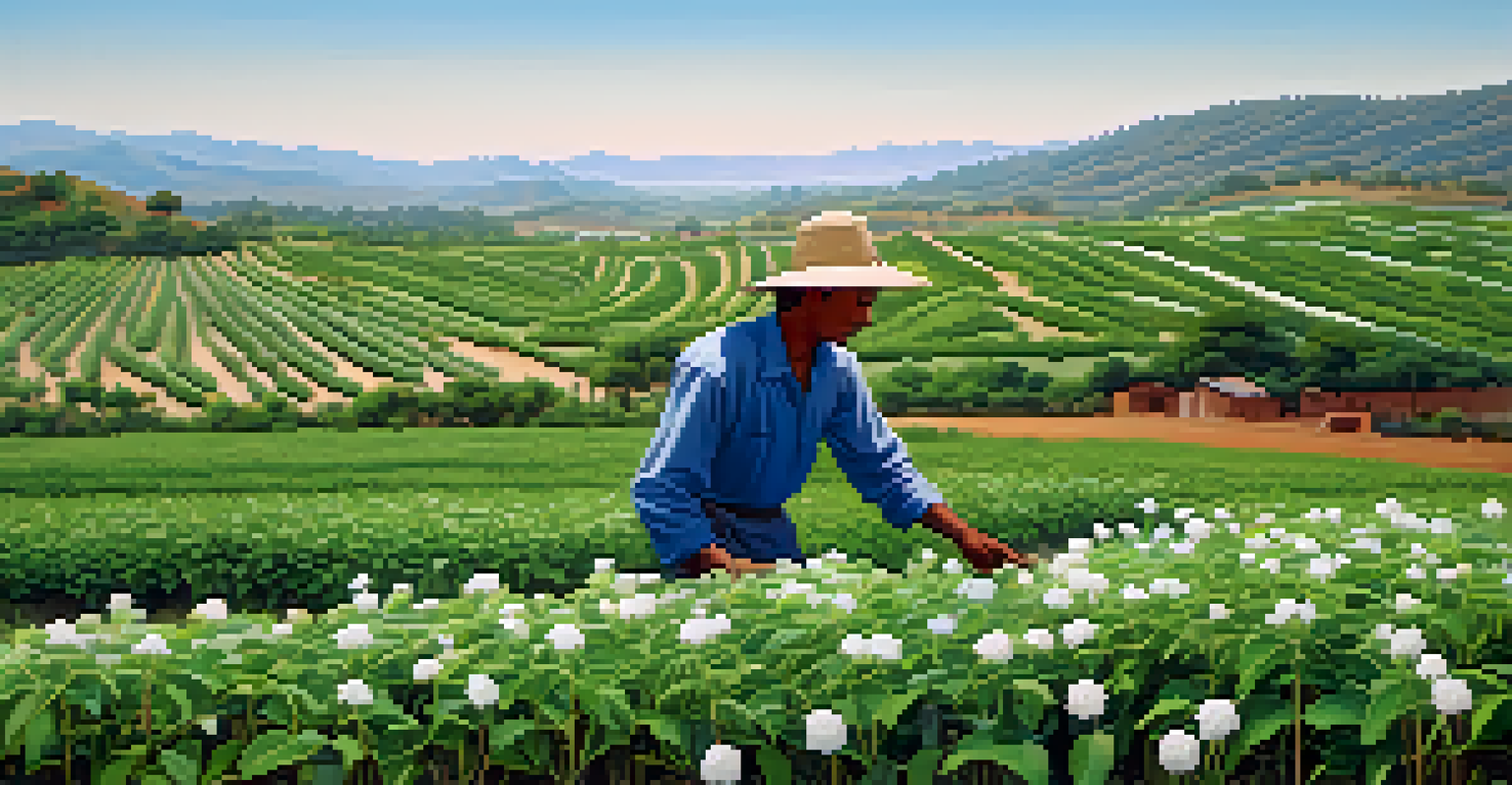 A farmer harvesting ashwagandha plants in a lush green field with hills in the background.