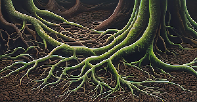 A close-up view of mycorrhizal fungi network intertwined with plant roots, illuminated by warm light, showcasing intricate details.