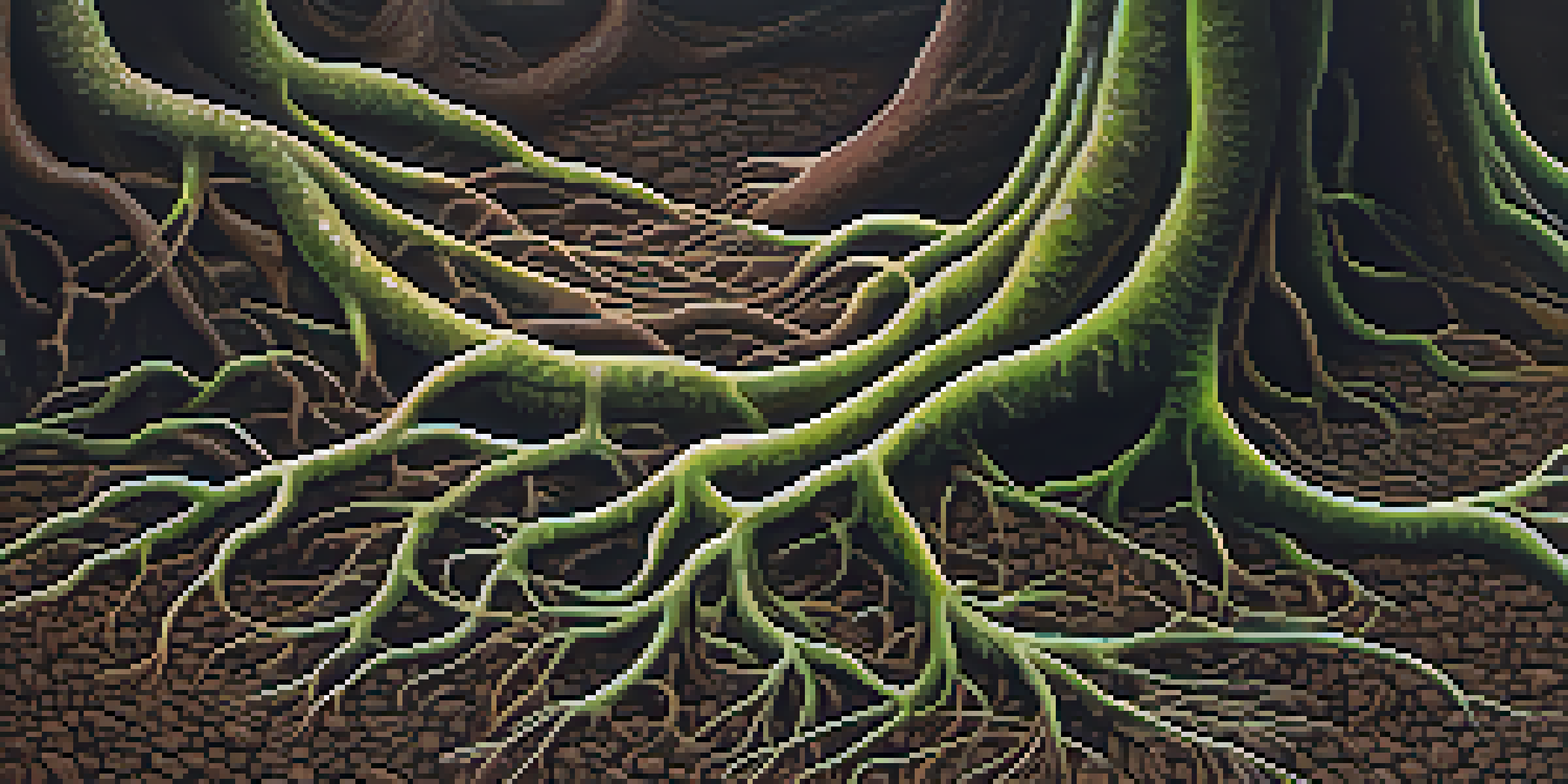 A close-up view of mycorrhizal fungi network intertwined with plant roots, illuminated by warm light, showcasing intricate details.