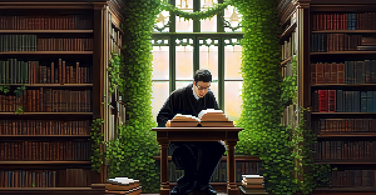 Scholar studying in a library with ivy climbing the shelves, illuminated by soft ambient light.