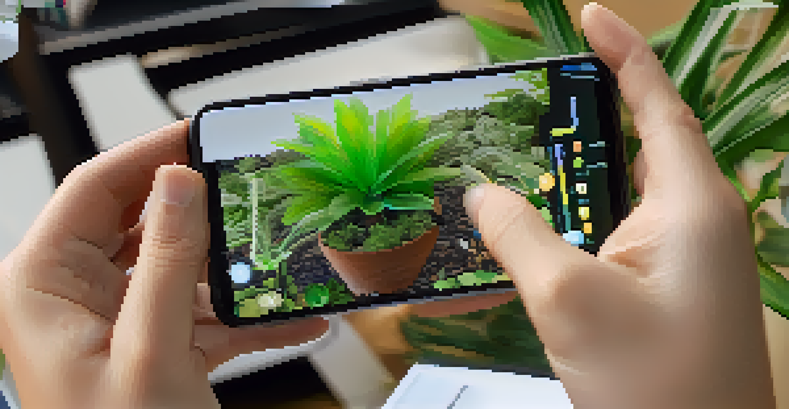 A student in a botanical garden using augmented reality to visualize plant anatomy on their smartphone, with a 3D model of roots on the screen.