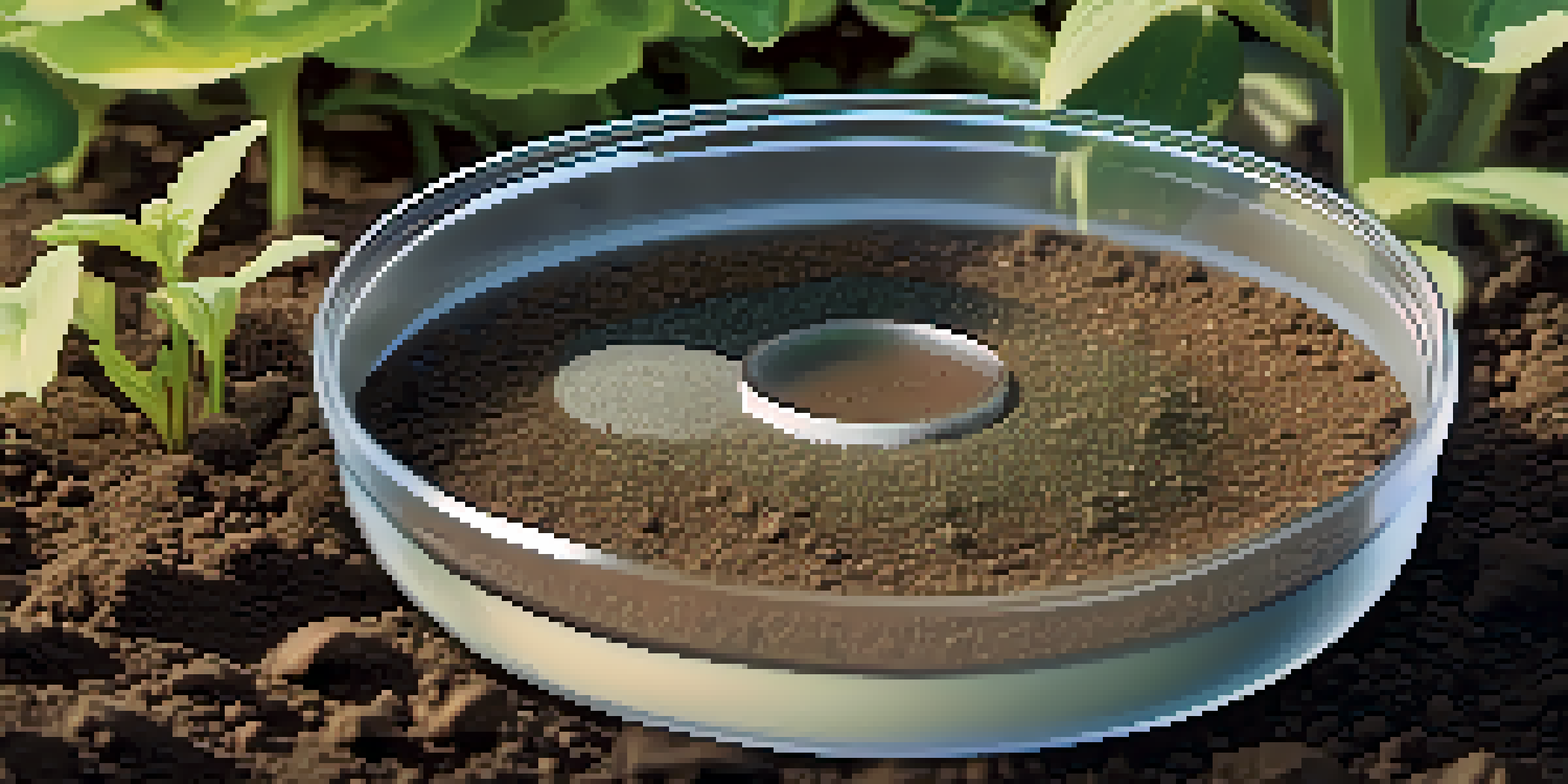 A close-up view of soil with a pH testing kit, showing various soil textures and colors, with green plants in the background.
