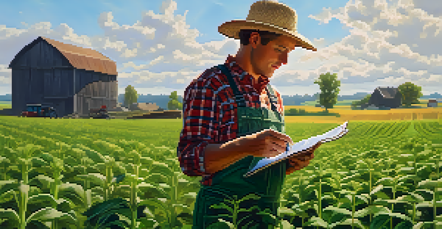 A farmer checking soil quality in a vibrant field of young cover crops, embodying the principles of sustainable agriculture under a sunny sky.