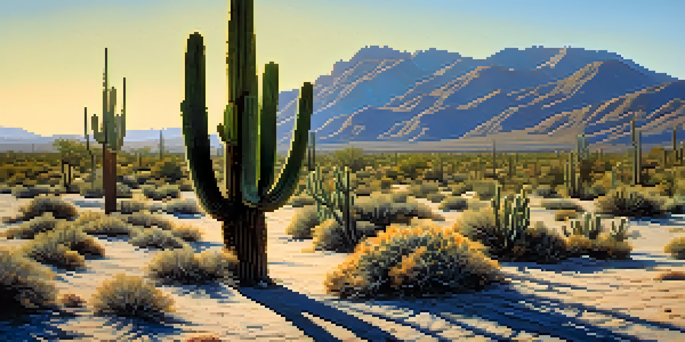 A desert scene featuring a saguaro cactus under a clear blue sky, with mountains in the background and sandy ground in the foreground.