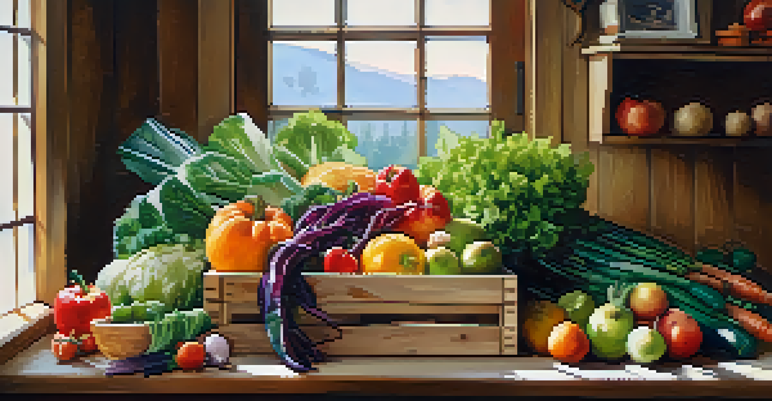 A CSA box filled with colorful seasonal produce on a wooden kitchen table, with soft light highlighting the textures and a note from the farmer.