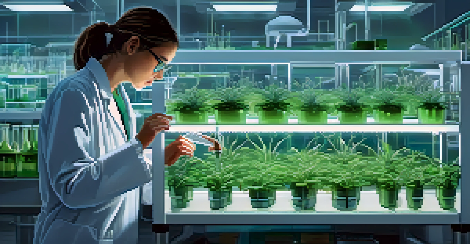 A scientist in a modern laboratory working with CRISPR technology on plant samples, surrounded by high-tech equipment.