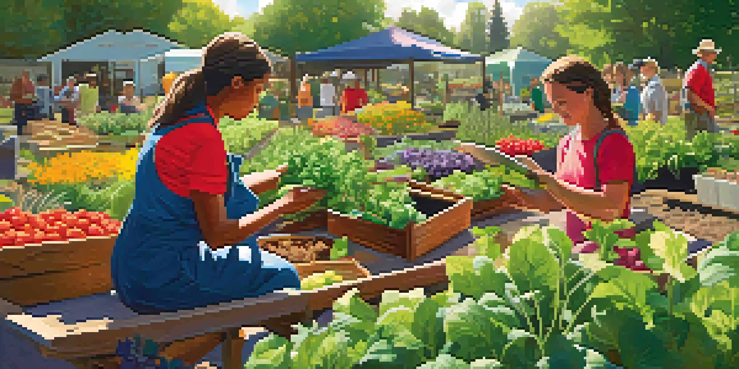 A diverse group of farmers in a sunny community garden exchanging seeds and showcasing colorful heirloom vegetables.