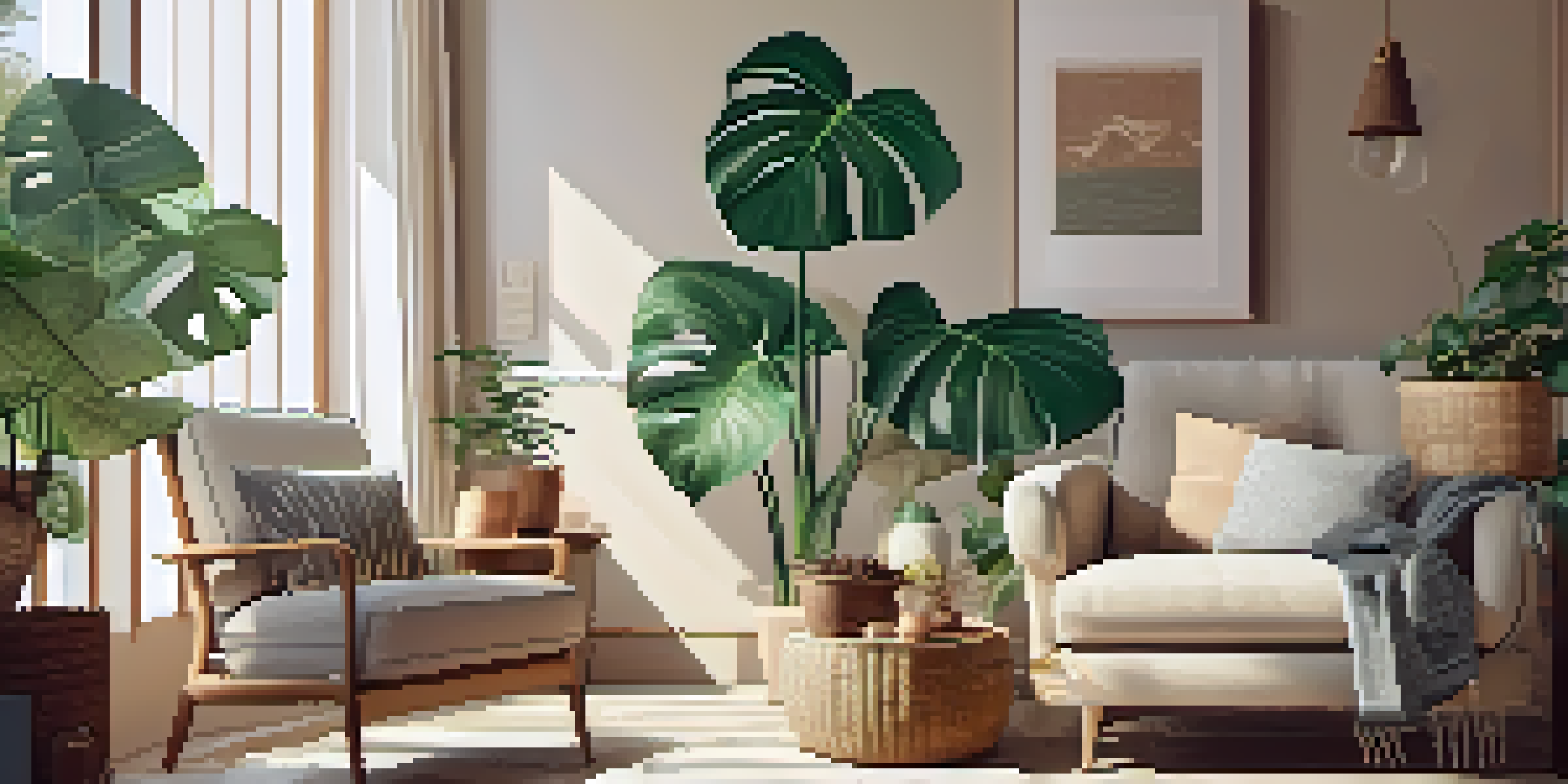A cozy living room with a large monstera plant beside a comfortable armchair, warm natural light coming through a window, and decorative elements like a woven basket and a bookshelf.