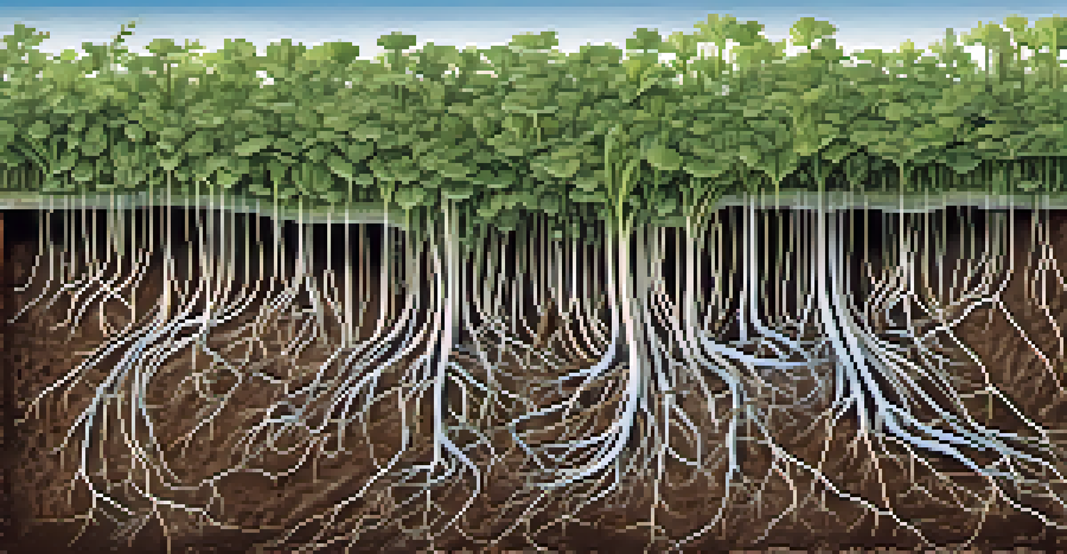 Illustration of the symbiotic relationship between plants and mycorrhizal fungi, showing nutrient exchange.