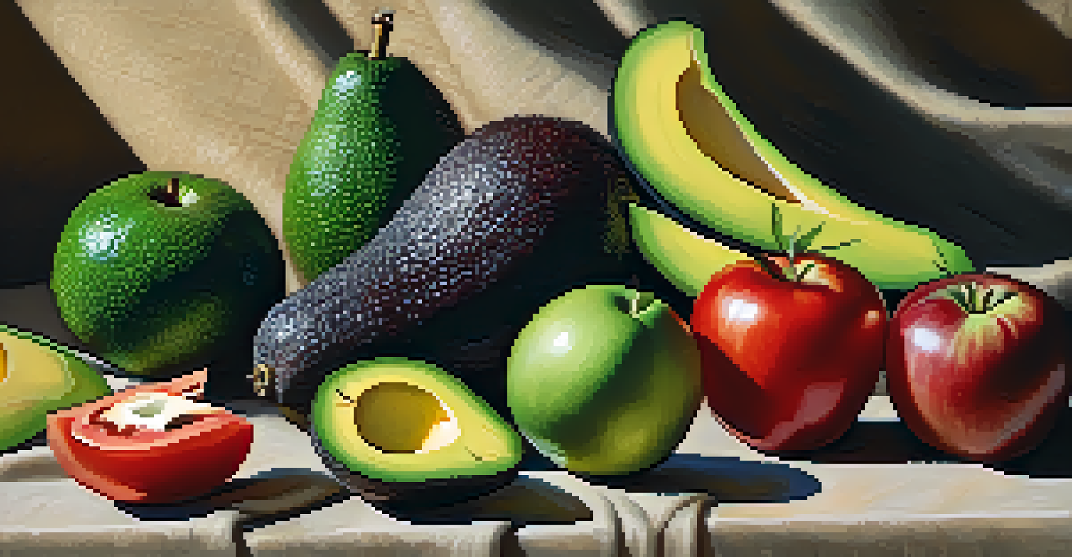 Different fruits ripening, showing green tomatoes, ripe red tomatoes, and avocados next to an apple, with a rustic background.