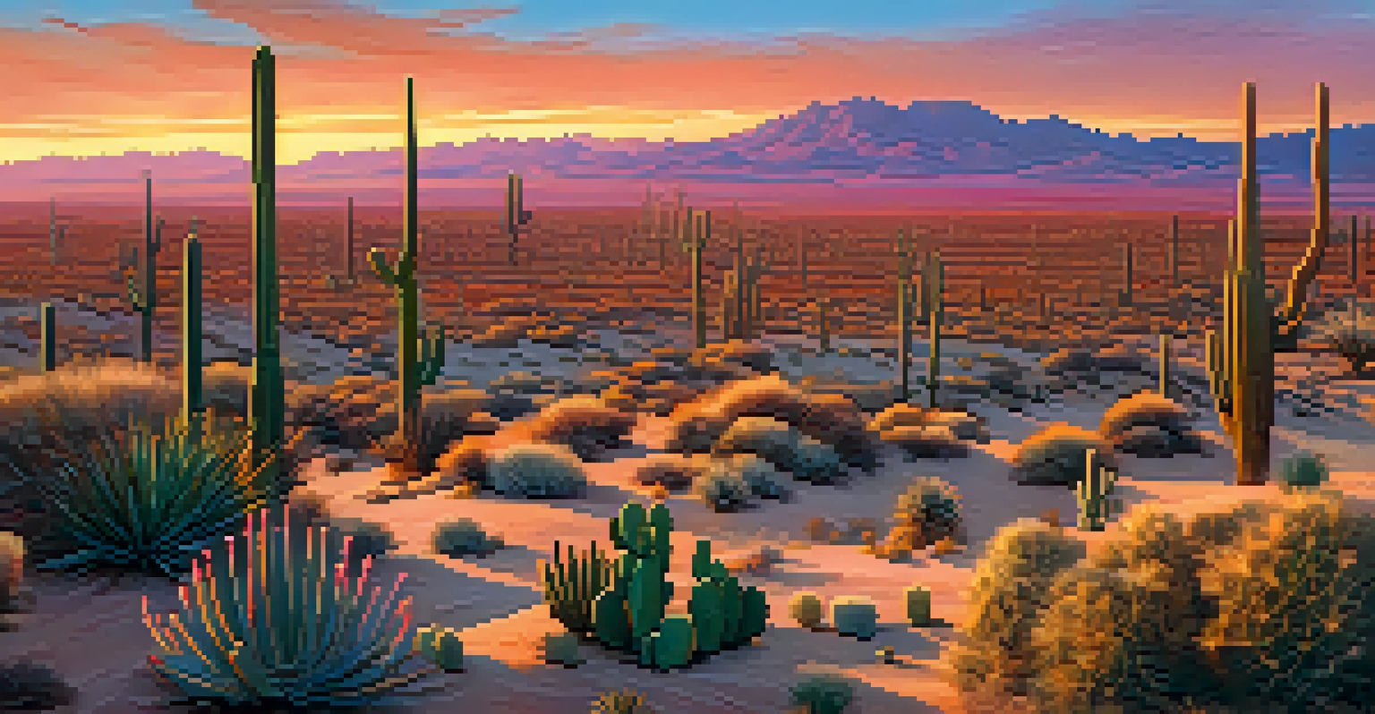 An aerial view of multiple cacti in a desert at sunset, with orange and pink hues in the sky and sandy ground.