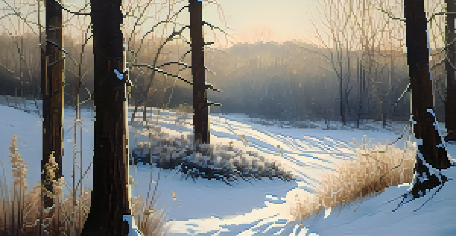 A peaceful winter scene with native plants and protective elements in a snowy garden.