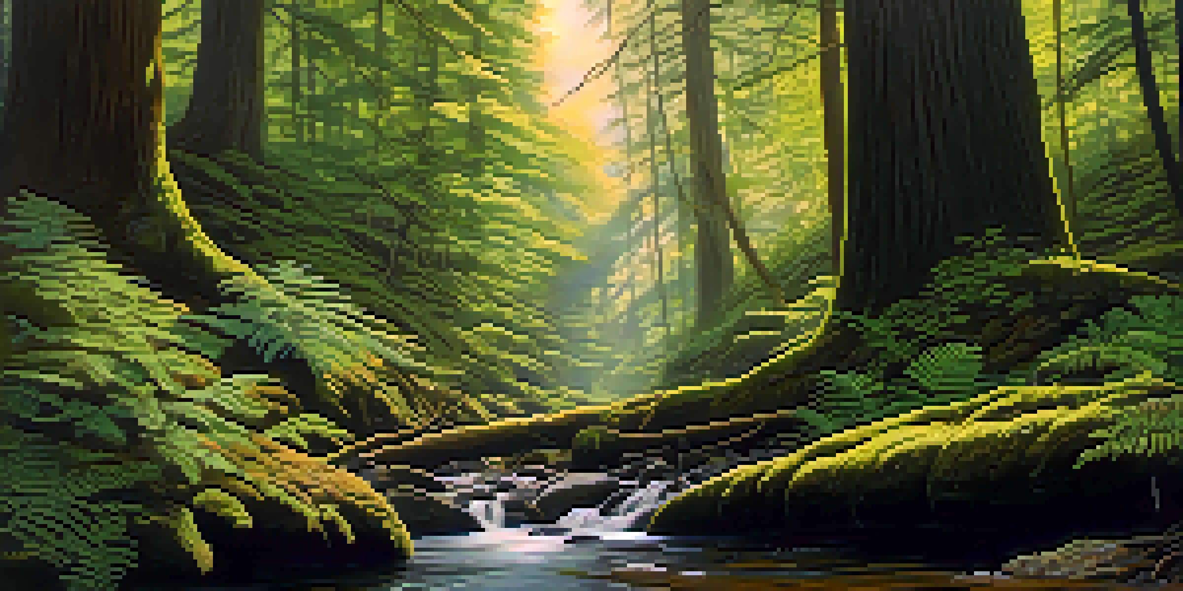 A tranquil old growth forest with tall trees and a stream running through, sunlight creating patterns on the ground.