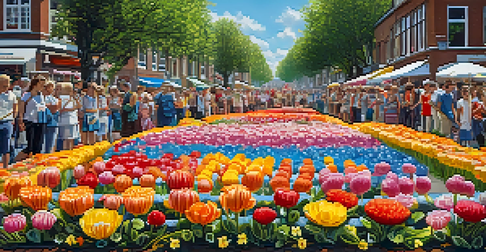 A lively parade featuring colorful flower floats at the Aalsmeer Flower Festival, with spectators enjoying the event.