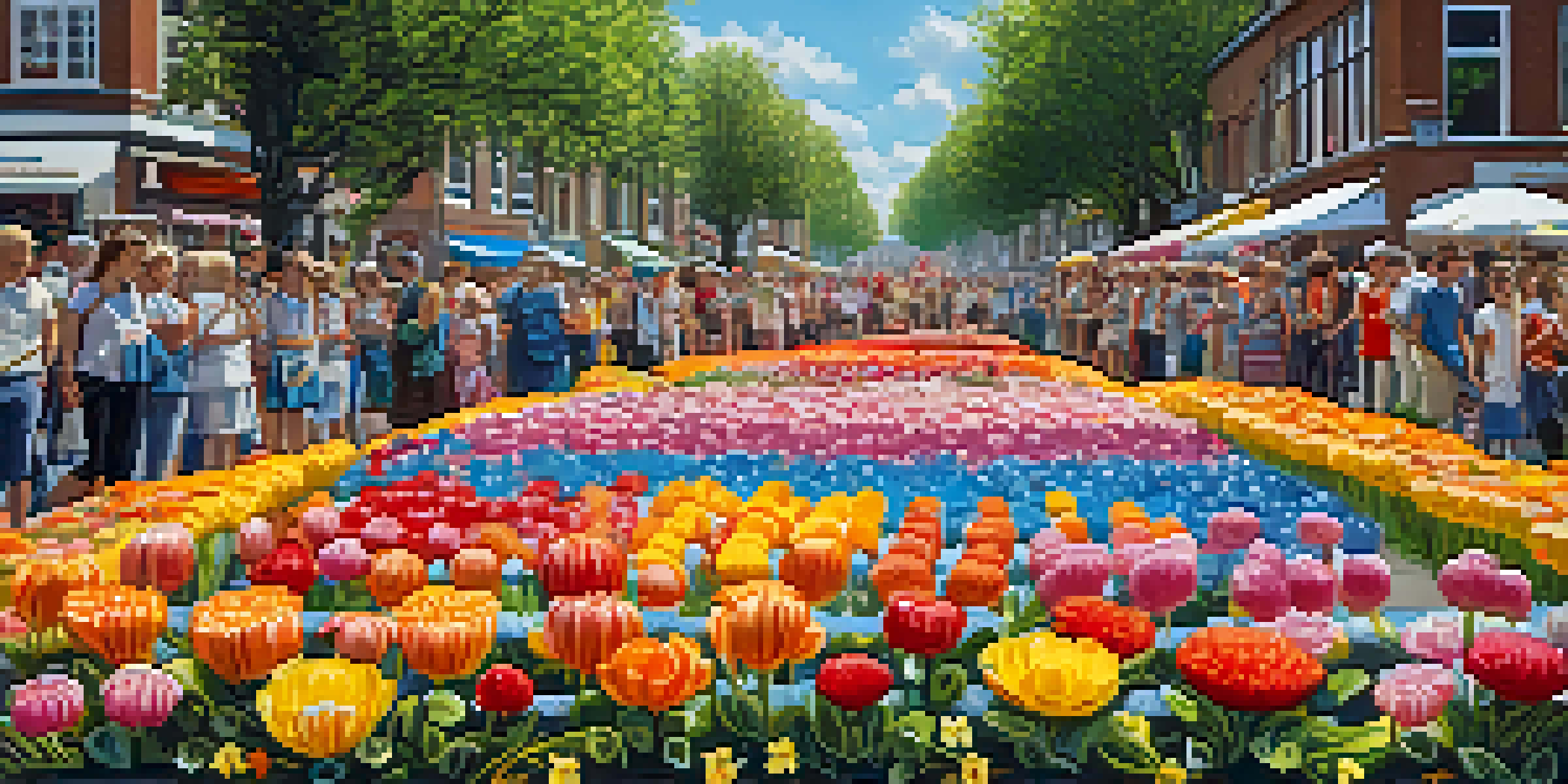 A lively parade featuring colorful flower floats at the Aalsmeer Flower Festival, with spectators enjoying the event.