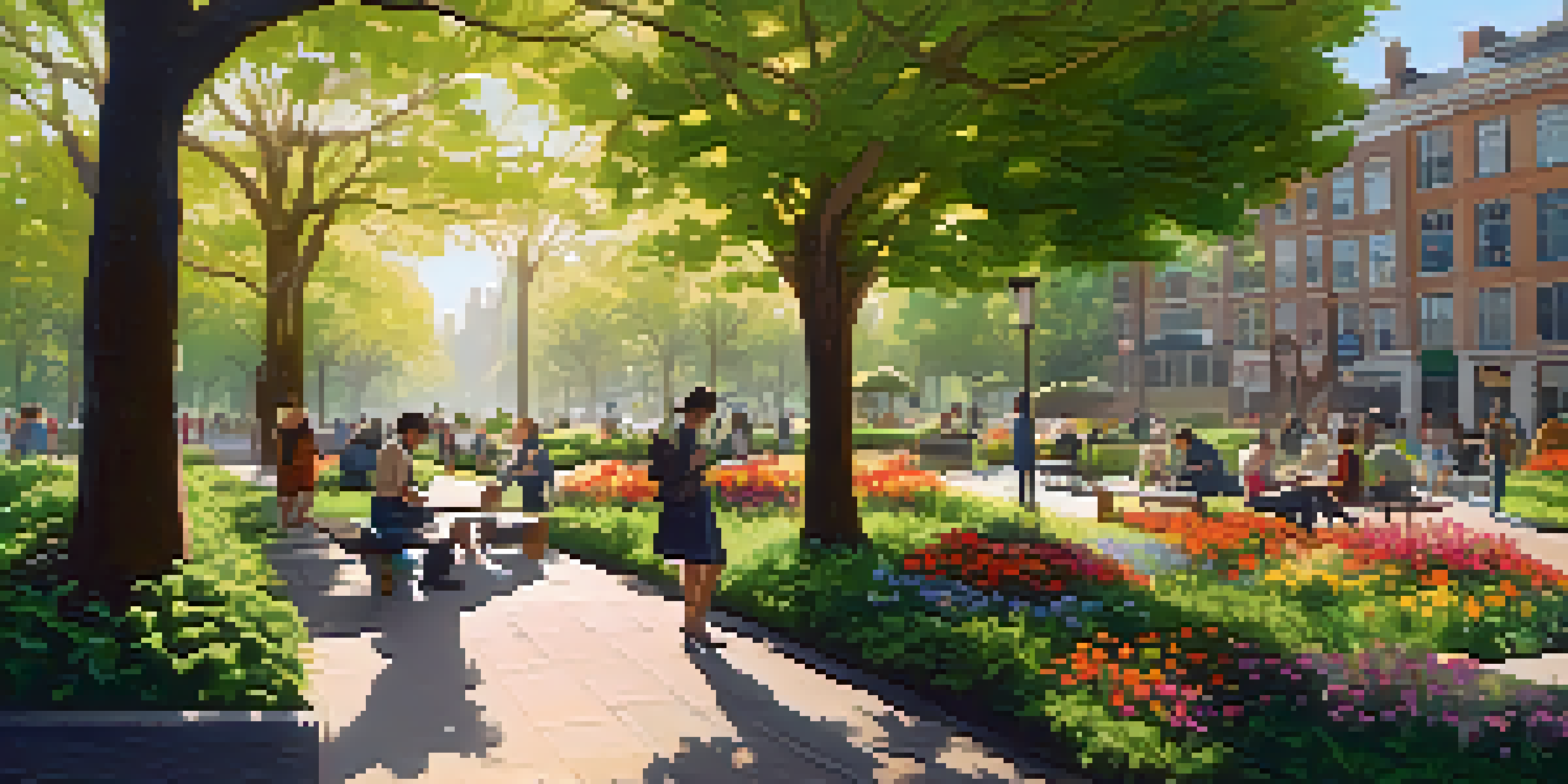 A vibrant urban park with diverse plants, people engaging with nature, and city buildings in the background.