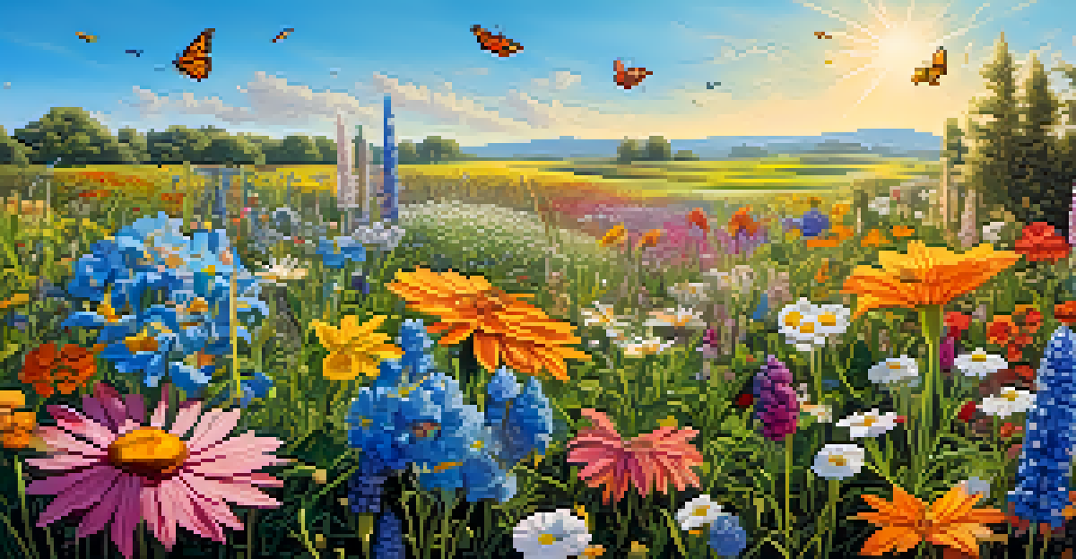 A colorful meadow with various flowering plants and pollinators like bees and butterflies.