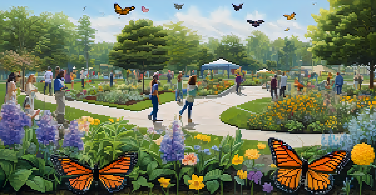 A community park filled with blooming plants and people planting flowers, with butterflies and birds visible in a lively outdoor setting.
