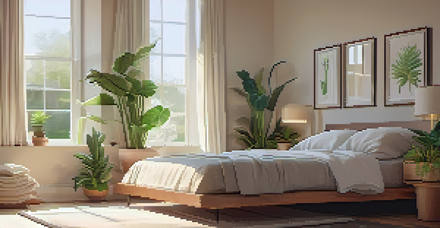 A serene bedroom corner with a plant shelf, a comfortable bed, and soft lighting.