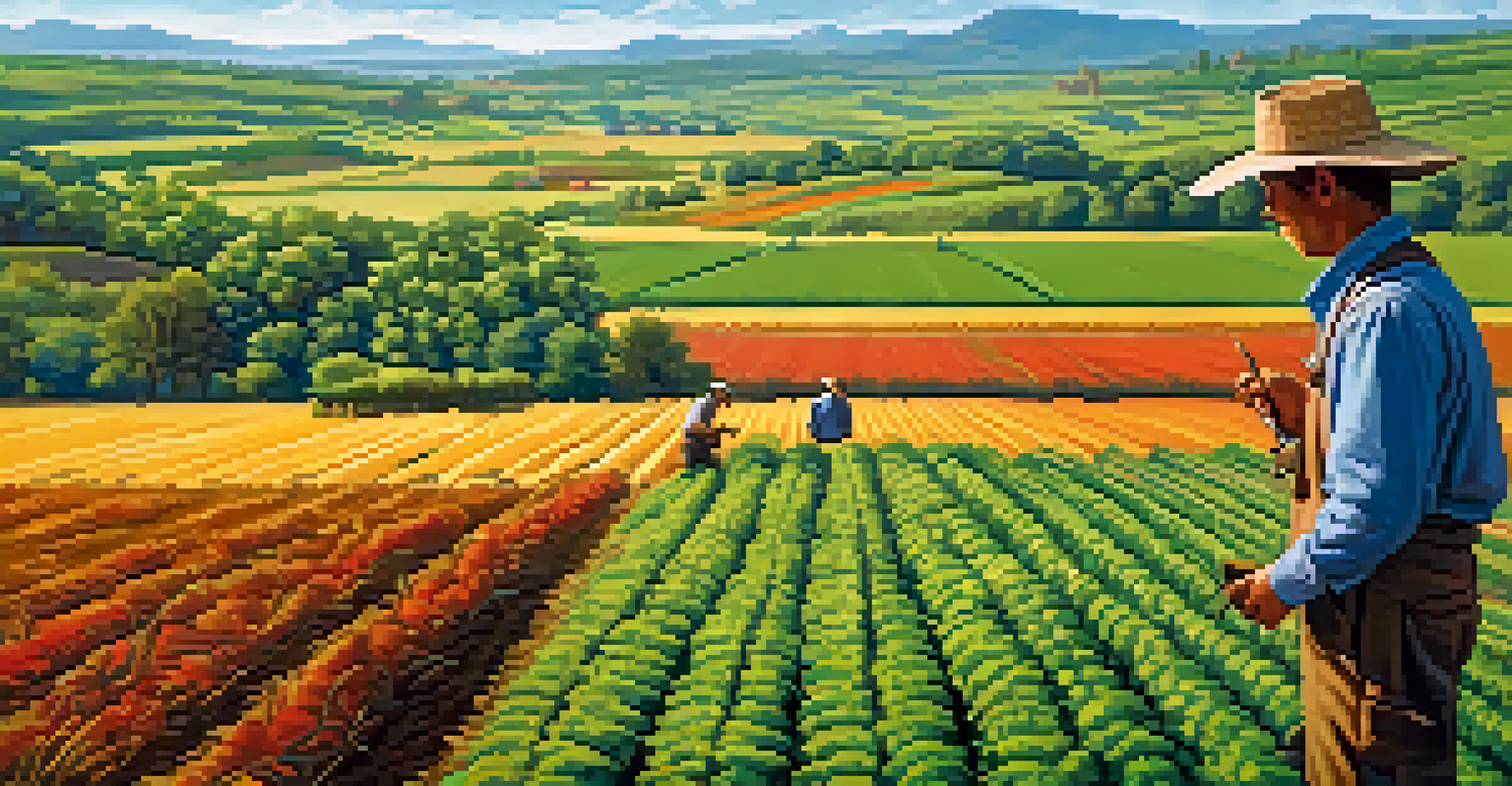 An agricultural landscape with healthy crops, a farmer inspecting plants, and diverse flora and fauna, highlighting the significance of healthy soil and mycorrhizal relationships.