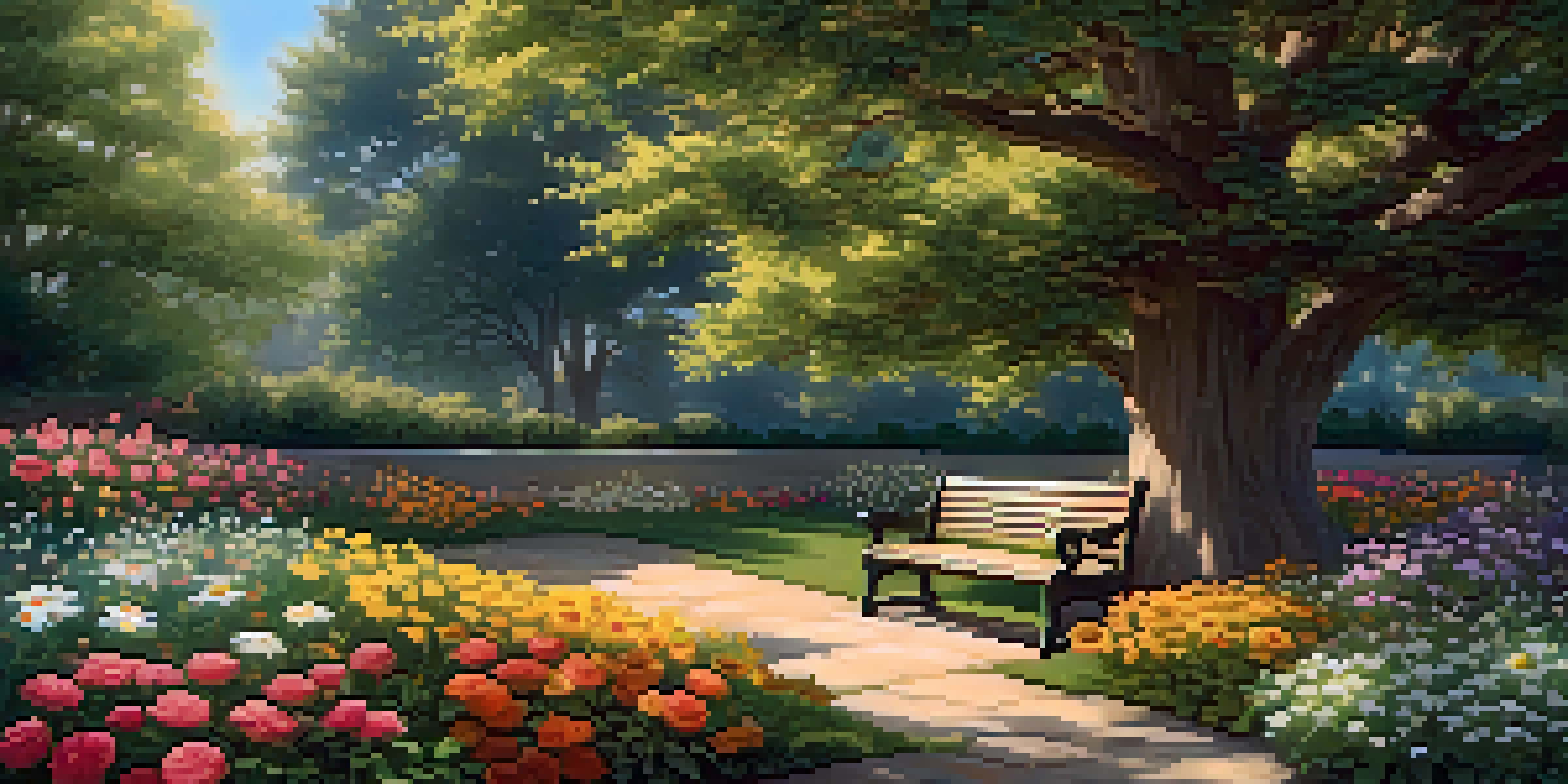 A colorful garden with blooming flowers, a wooden bench under a leafy tree, and butterflies, illuminated by soft sunlight.
