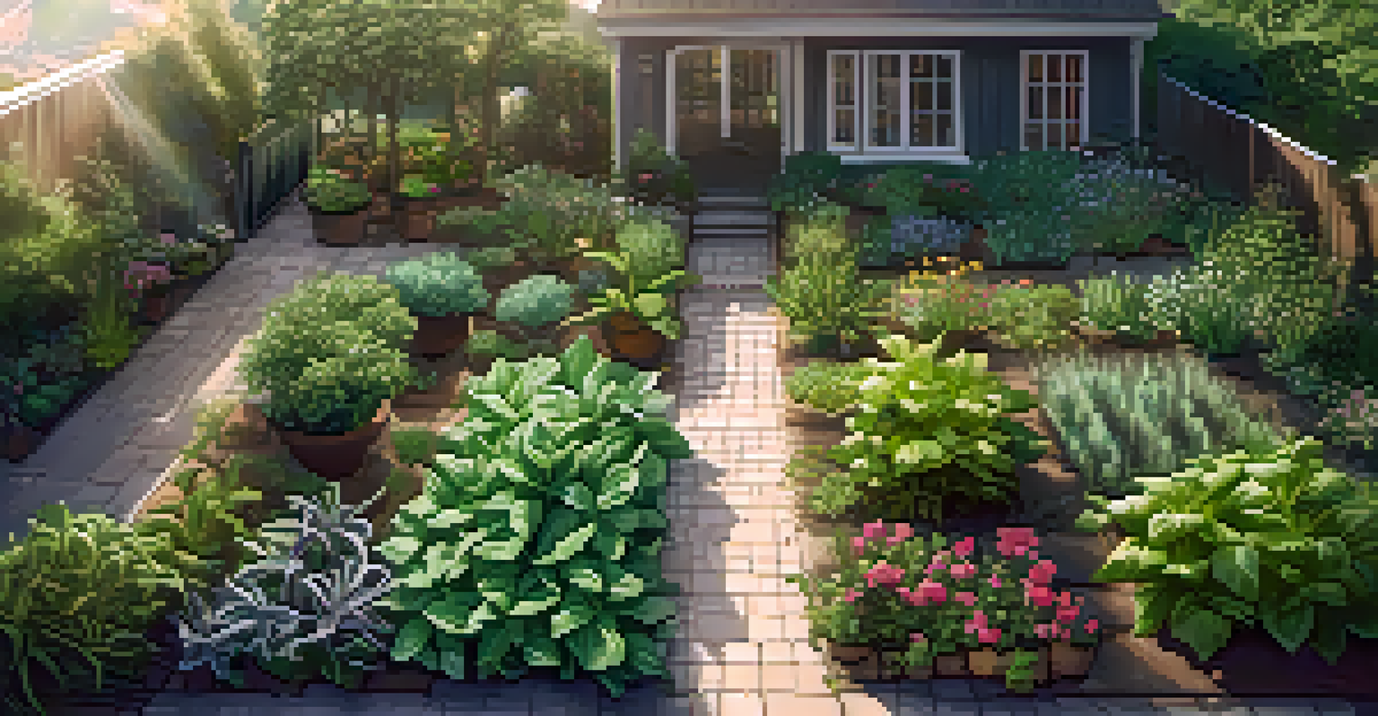 An overhead view of a healthy garden with diverse green plants thriving in rich soil under sunlight.